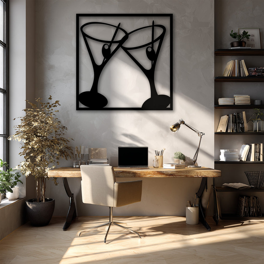 The visual rhythm of the stylized clinking martini glasses in the metal art for wall creates a dynamic and festive atmosphere.