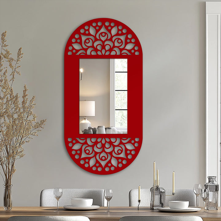 Reflected in the modern wall mirrors, a lamp with a soft glow sits atop a bedside table, adding warmth to the mandala floral pattern oval floor mirror.