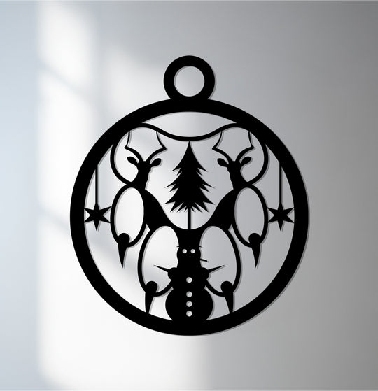Exquisite decoration wall art is showcased with a black metal Christmas ornament featuring a reindeer, snowman, and tree, highlighting the material quality.