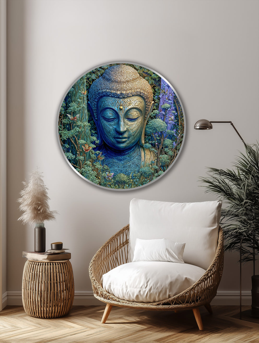 Forest Tranquility – Emerald Buddha Round Oil Painting