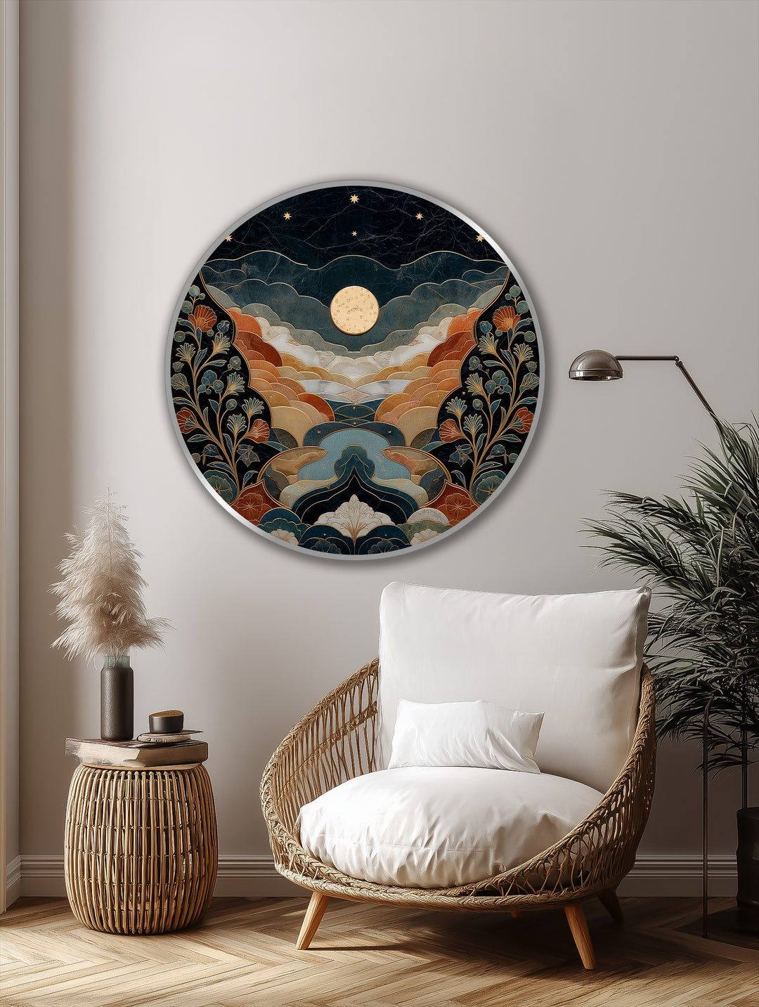 Valle Celestial – Paisaje redondo iluminado por la luna Cuadro al óleo sobre madera