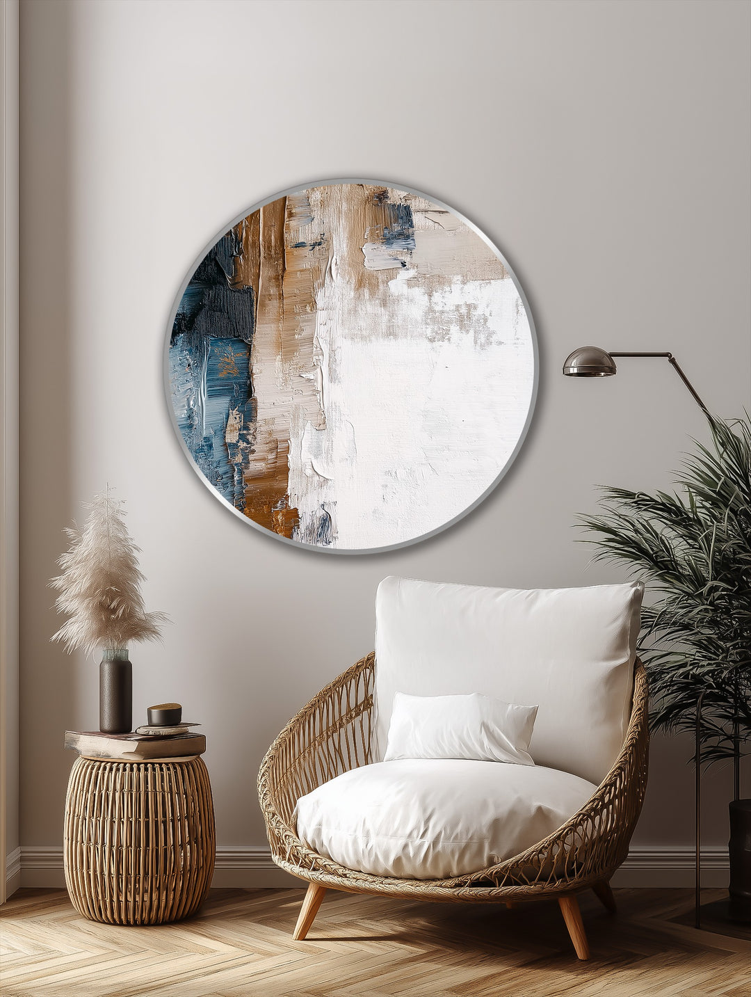 Low color saturation creates a muted, calming effect in this abstract oil painting reproduction print featuring earthy browns, blues, and creams in a textured round design.