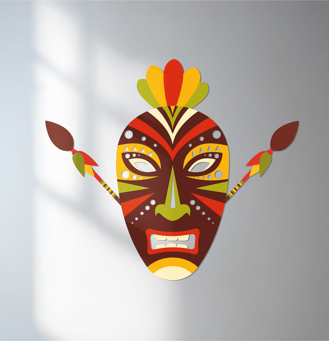 African tribal mask metal wall art with colorful ethnic design