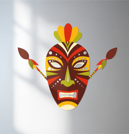 African tribal mask metal wall art with colorful ethnic design