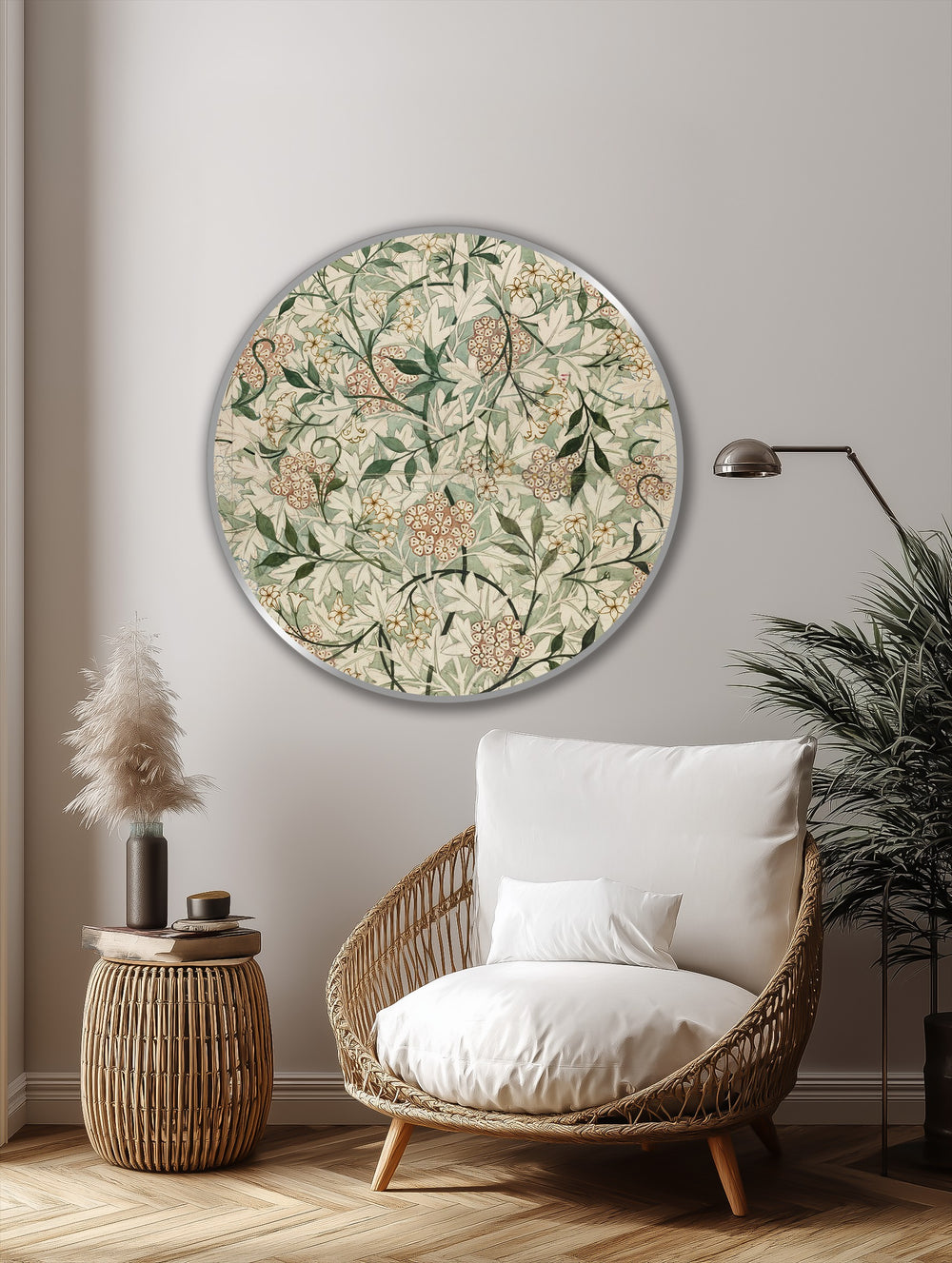 Highlighting the brightest area, this elegant circular oil painting wall art presents a vintage botanical pattern with soft greens and delicate floral detail.