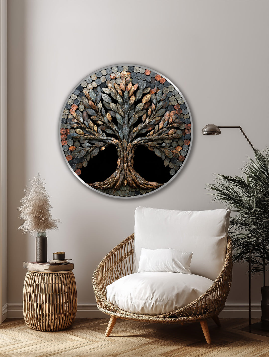 industrial style round wooden décor