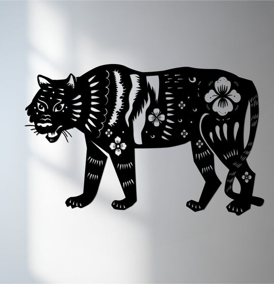 Echoing the stride of a tiger, this floral tiger metal wall art seems to advance with subtle motion, a bold statement in contemporary metal wall decor.