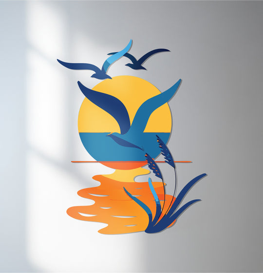 Shadows accentuate the seabirds flying above the radiant sunset in this coastal metal wall decor, highlighting the design of seaside harmony metal wall art.