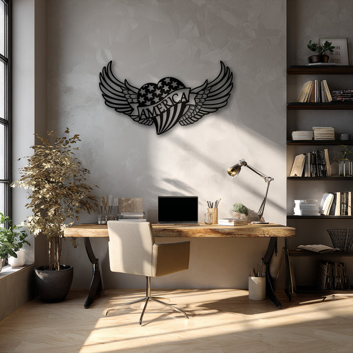 Capturing a sense of soaring movement, this decorative metal art features sweeping wings around an American heart design.