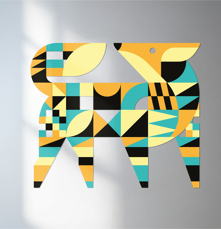 Geometric fox metal wall art in yellow and turquoise colors