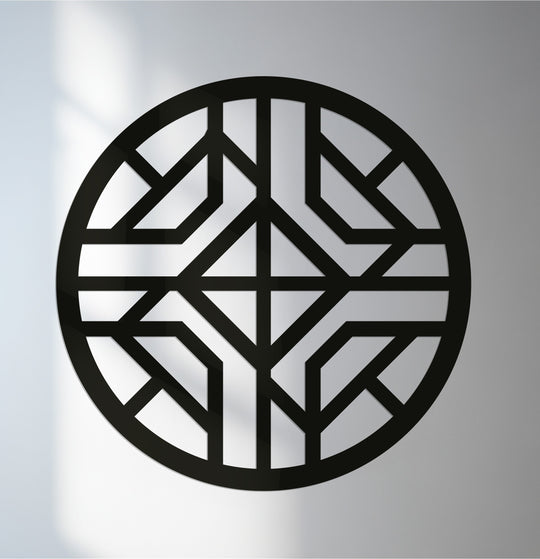 Defined by the darkest area, this geometric circle's modern abstract design is a striking example of captivating metal art for wall designs.