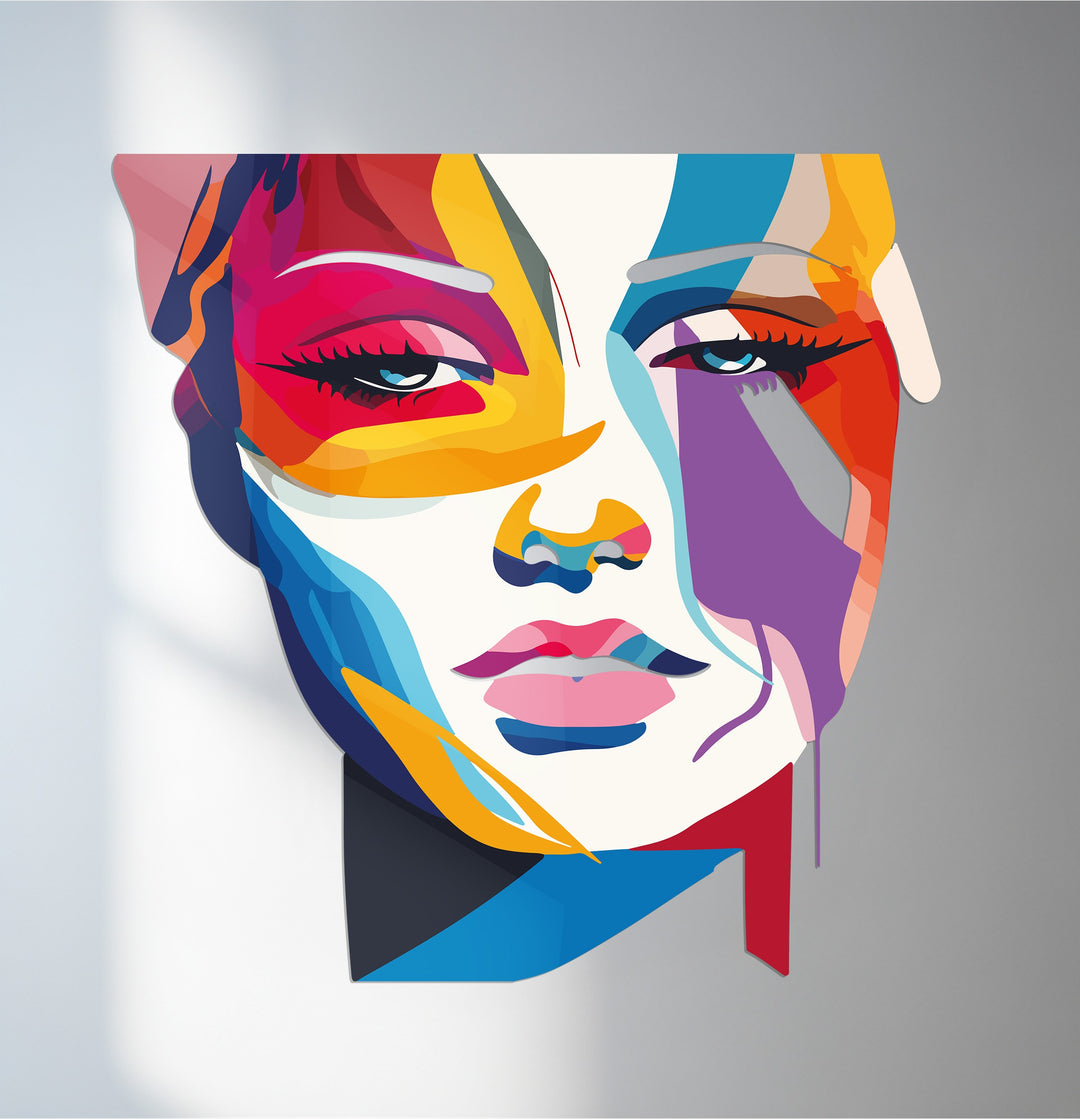 Colorful abstract woman face metal wall art in pop art design