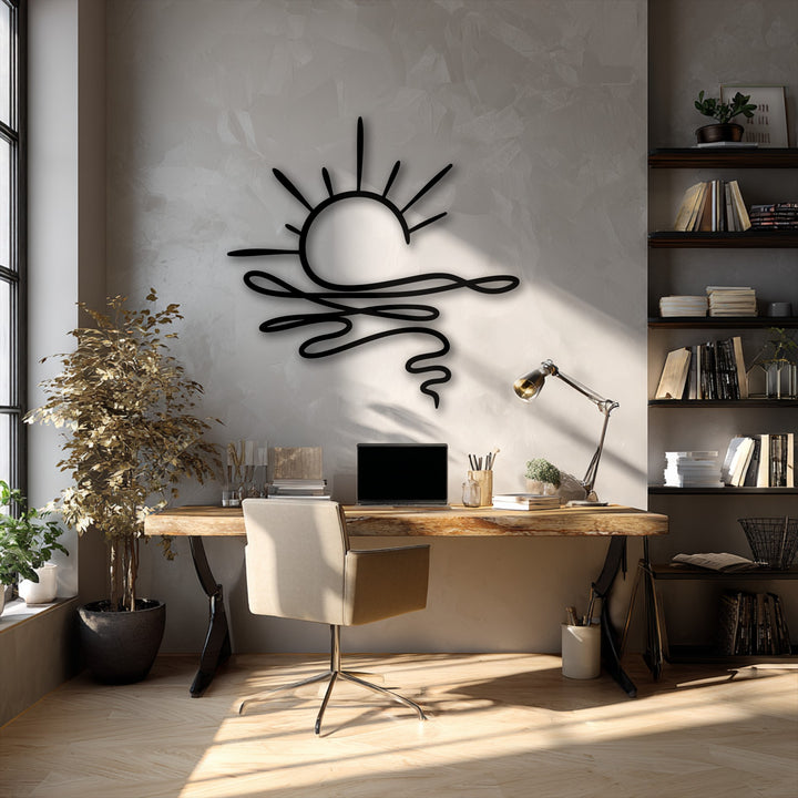 The striking abstract sunrise metal art for wall depicts a fluid horizon with a bold black sun rising above dynamic flowing waves.