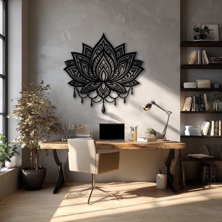 The softly textured light grey background wall highlights the detailed Sacred Bloom ornate lotus mandala metal decoration wall art.