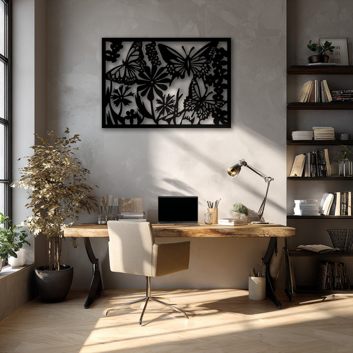 With balanced color saturation, a captivating unique metal wall art depicting butterflies and flowers enhances a sunlit, warmly toned home office.