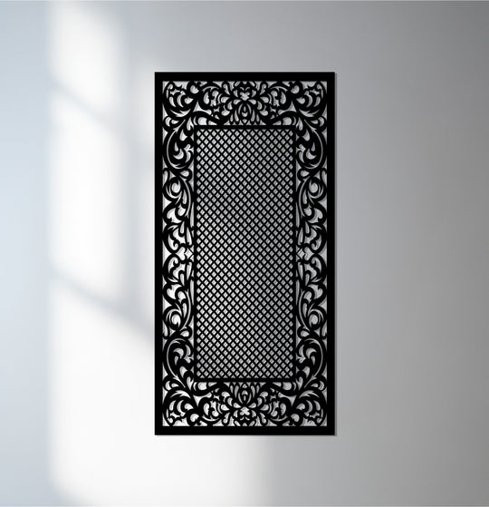 Light and shadow interplay across this black decoration wall art panel, accentuating the ornate lattice and floral framework of this elegant metal piece.