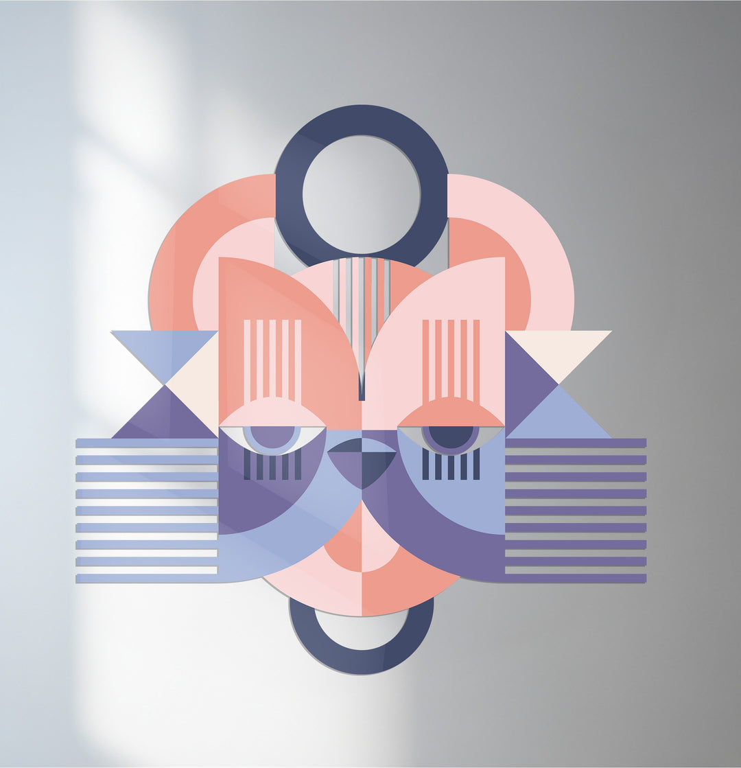 Geometric cat face metal wall art in pink and blue