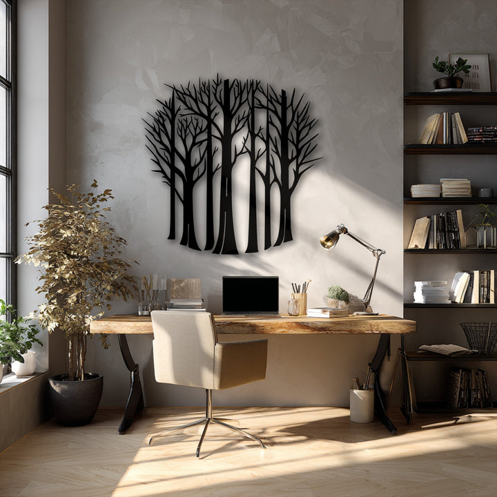The sleek, matte black finish of the bare forest trees unique metal wall art creates a striking, minimal nature silhouette.