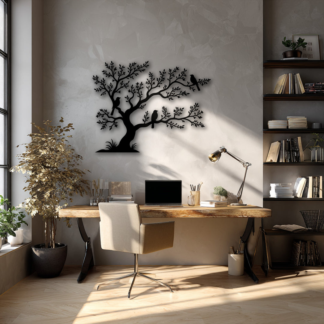 The abstract silhouette of birds perched on decorative metal art tree branches casts an elegant shadow on a textured wall.