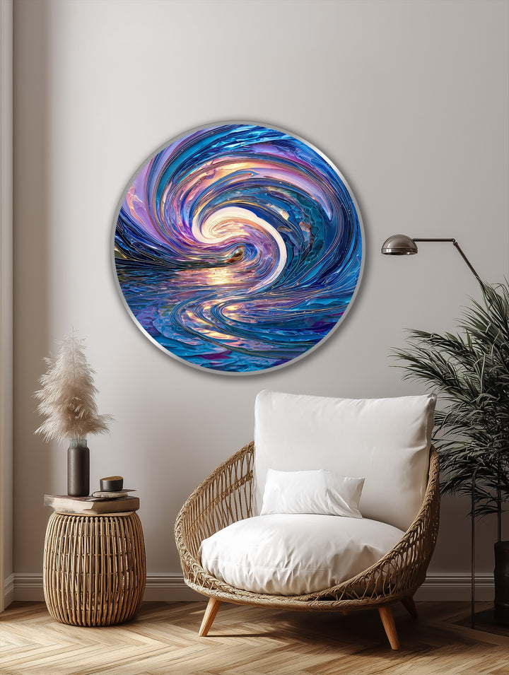 Bright negative space highlights the swirling pattern in this celestial tide oil painting art piece, drawing attention to the dynamic wave design.
