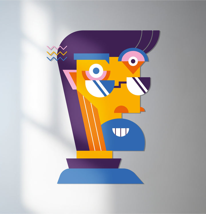 Abstract man face metal wall art in colorful cubist style