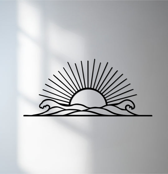 Horizontal, semi-circular metal artwork showing a radiant sunrise over stylized ocean waves, creating a captivating wall display.