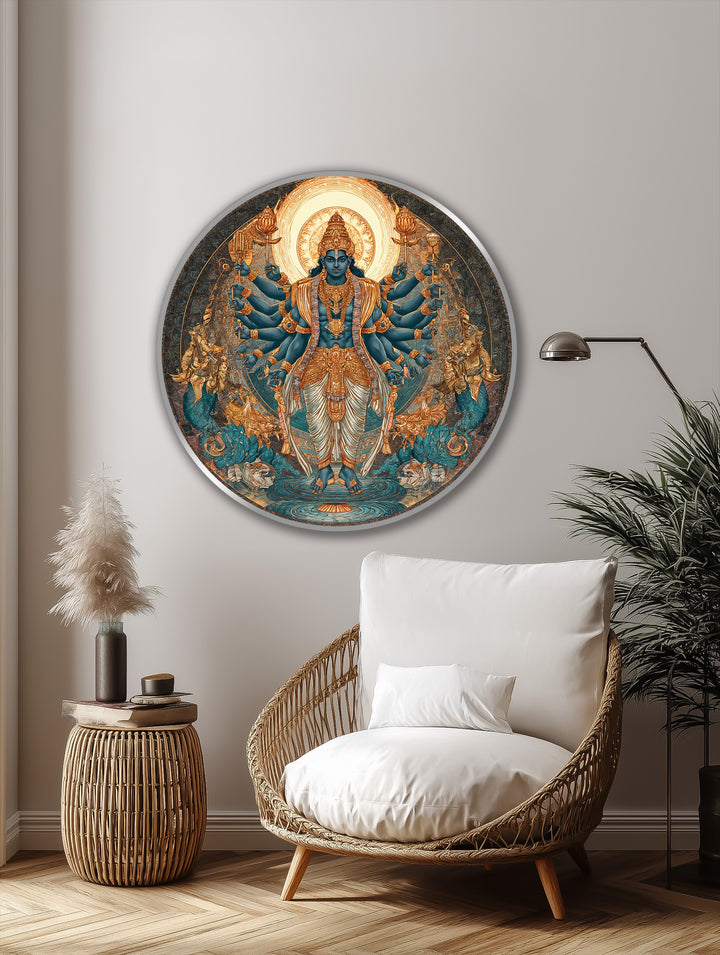 Detailed surface texture highlights the artistic depth of this round oil painting art piece, portraying a multi-armed deity in vibrant gold and turquoise hues.