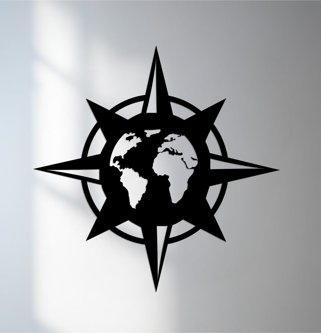 World compass rose metal wall art with global map