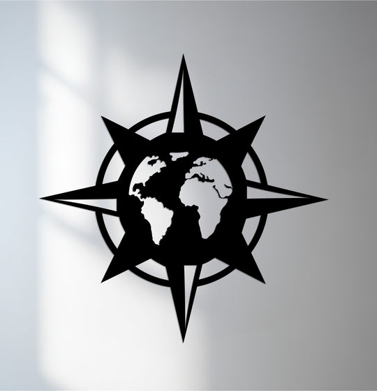 World compass rose metal wall art with global map