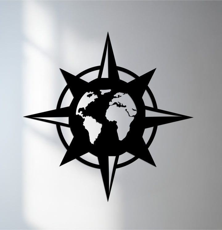 World compass rose metal wall art with global map