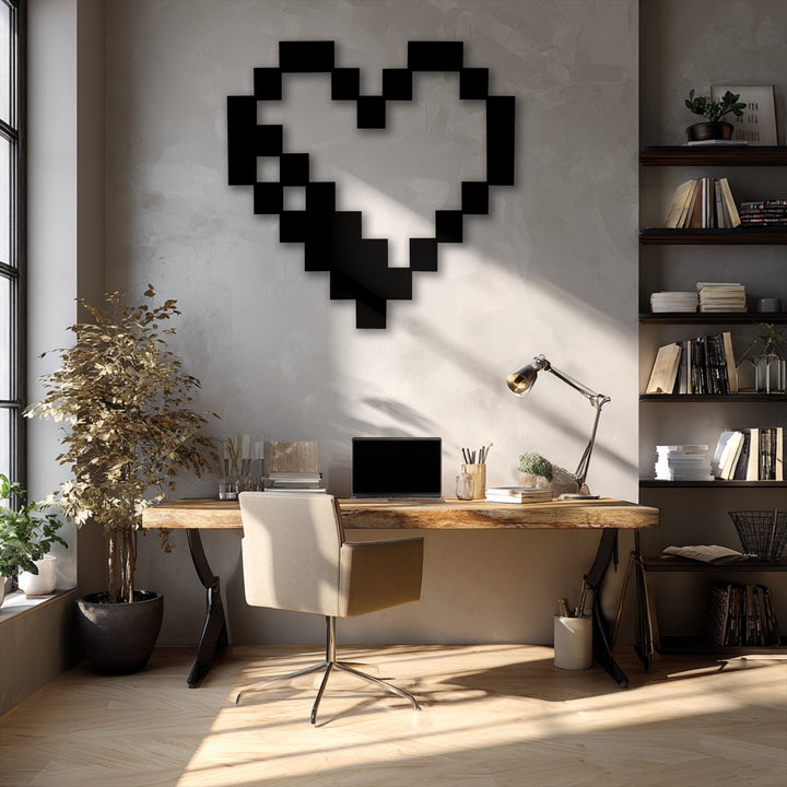 The geometric arrangement of black square pixels forms a heart, a striking piece of retro gaming metal wall decor on a textured wall.