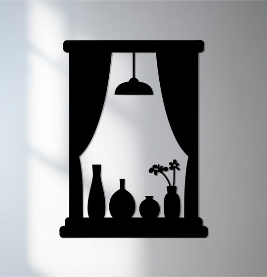 Illuminated negative space defines this window scene metal wall art, showcasing a lamp and vase silhouettes with unique metal wall art decor.