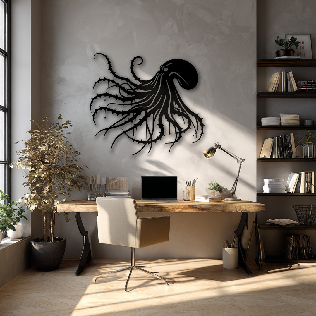 The sun-drenched light wood floor and modern desk chair legs in the foreground perfectly frame the striking dark octopus metal art for wall.