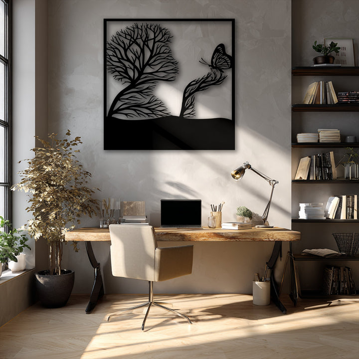 The brightest area showcases warm sunlight streaming across a patterned wooden floor and illuminating the intricate tree and butterfly metal decoration wall art.