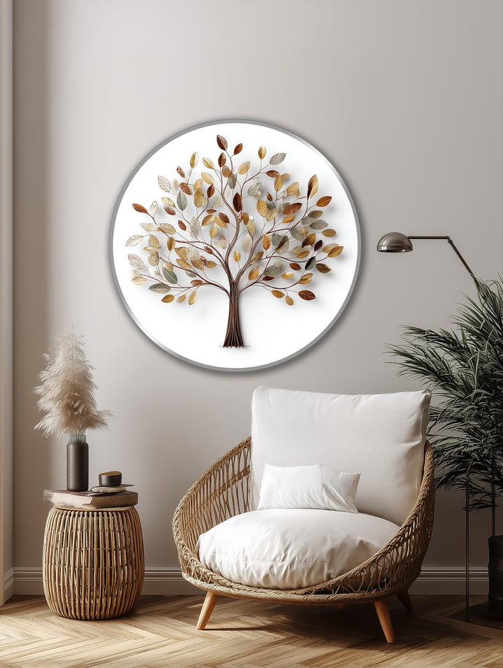 Superior material quality shows in the golden leaf tree's oil painting reproduction print displayed within an elegant round frame.