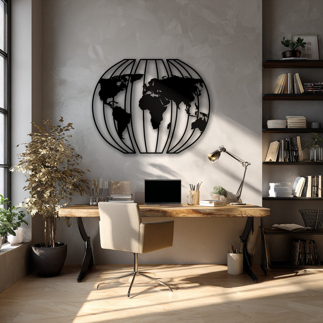 The visual rhythm of the segmented black 3D globe world map metal wall decor creates a dynamic focal point on the textured wall.