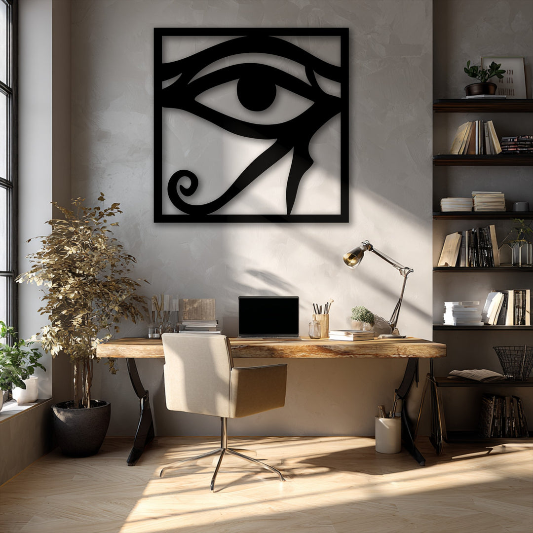 The prominent Eye of Horus metal wall art, a dark and captivating decoration wall art, grounds the bright workspace.