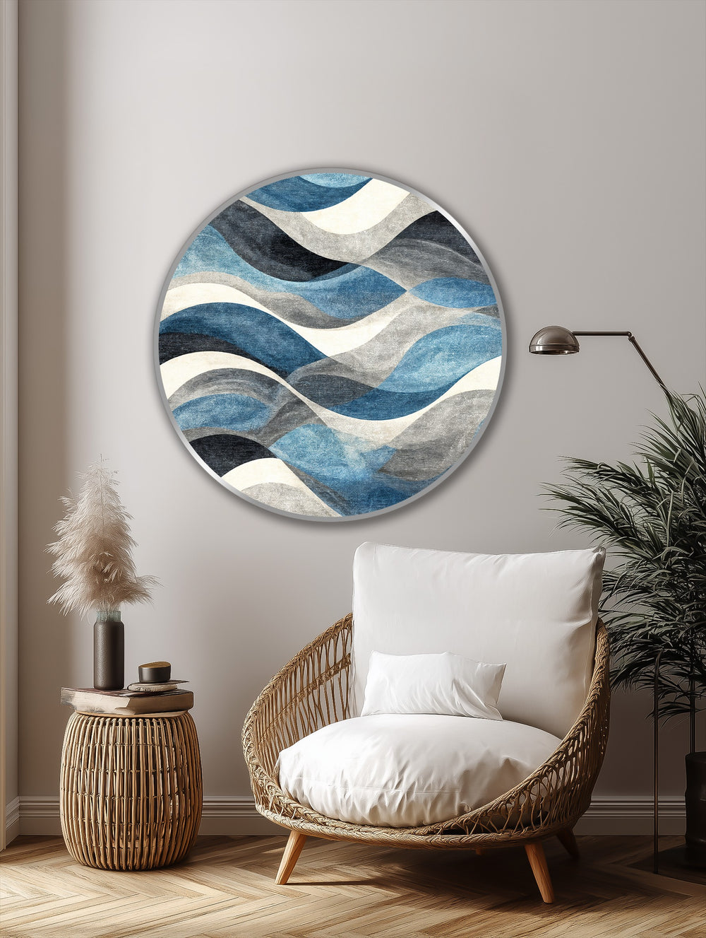 Circular, horizontally oriented ocean rhythm showcases blue wave abstract oil painting wall art with calming coastal tones and a textured finish.
