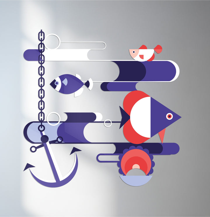 Nautical abstract metal wall art with fish and anchor