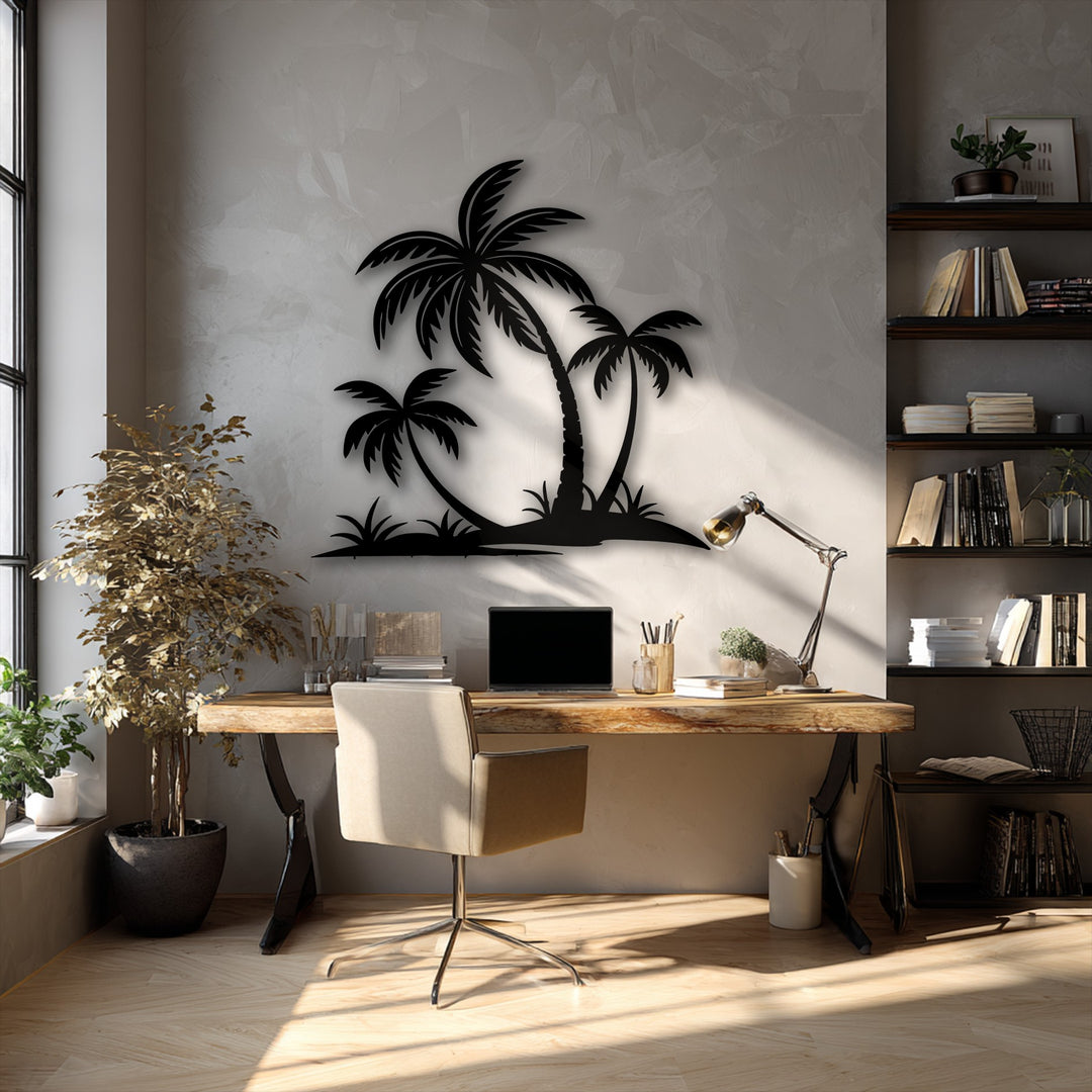 The darkest area prominently features a bold, black tropical palm tree silhouette, unique metal wall art, casting shadows alongside a dark bookshelf and chair base.