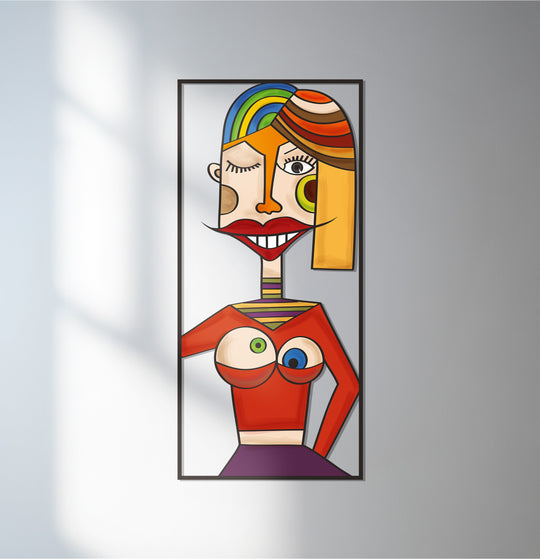 Showcasing a modern abstract woman in vibrant colors and bold lines, this metal wall decor is a unique interpretation of Picasso-inspired decorative wall art.