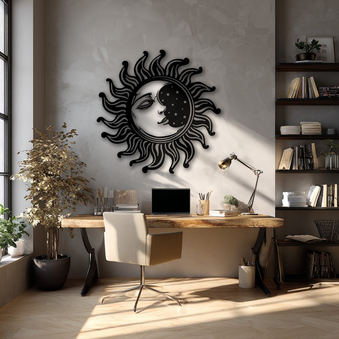 Sun and Moon Metal Wall Art – Celestial Face Design