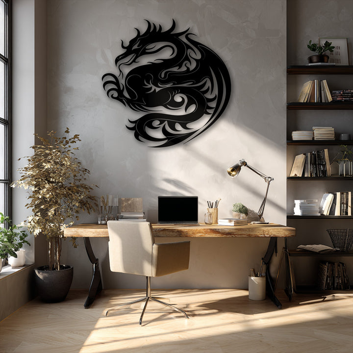 The warm, golden light illuminates the striking Celestial Dragon Circle unique metal wall art, creating an inviting ambiance in the home office.