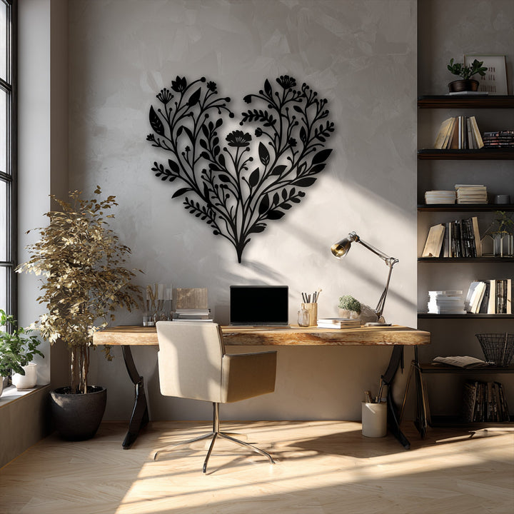 Dominant light neutral colors showcase the Botanical Heart Metal Wall Art, a beautiful decoration wall art with floral nature decor.