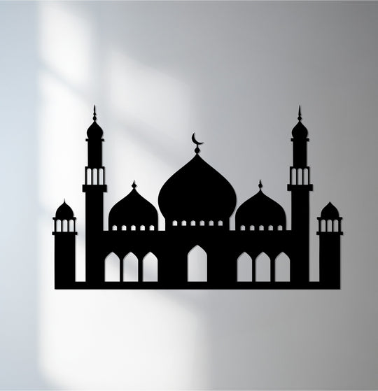 Organic silhouettes define this decorative metal art featuring the grand mosque, its elegant domes, and minarets creating a striking display of Islamic architecture.