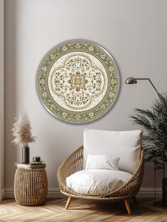 Calm and serene, the vintage harmony of this sage green floral mandala round oil painting artwork evokes a peaceful and inviting mood.