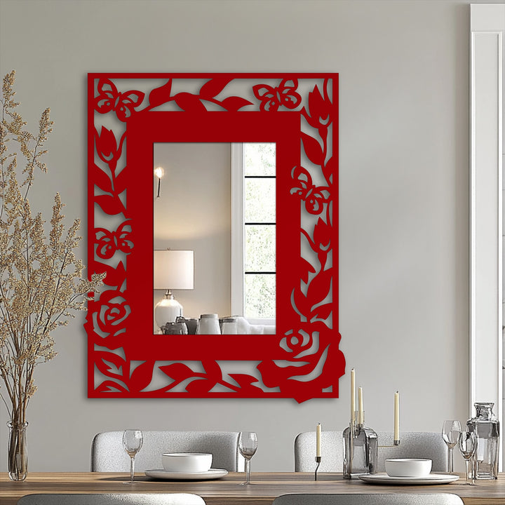 Displayed centrally, the red floral butterfly frame mirror for wall decor enhances an elegant nature-inspired design.