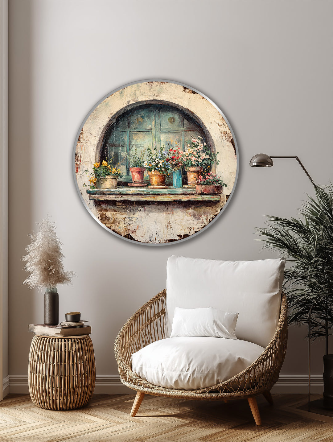 Delicate floral blooms bring softness to the rustic window and pots depicted in this round oil painting home decor, offering a gentle contrast to the aged brickwork.