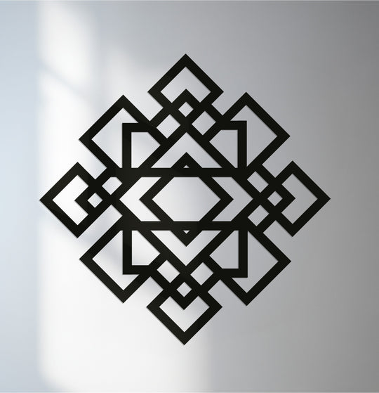 Interlocking diamond shapes form a geometric pattern in this unique metal wall art, creating a striking and symmetrical design perfect for modern décor.