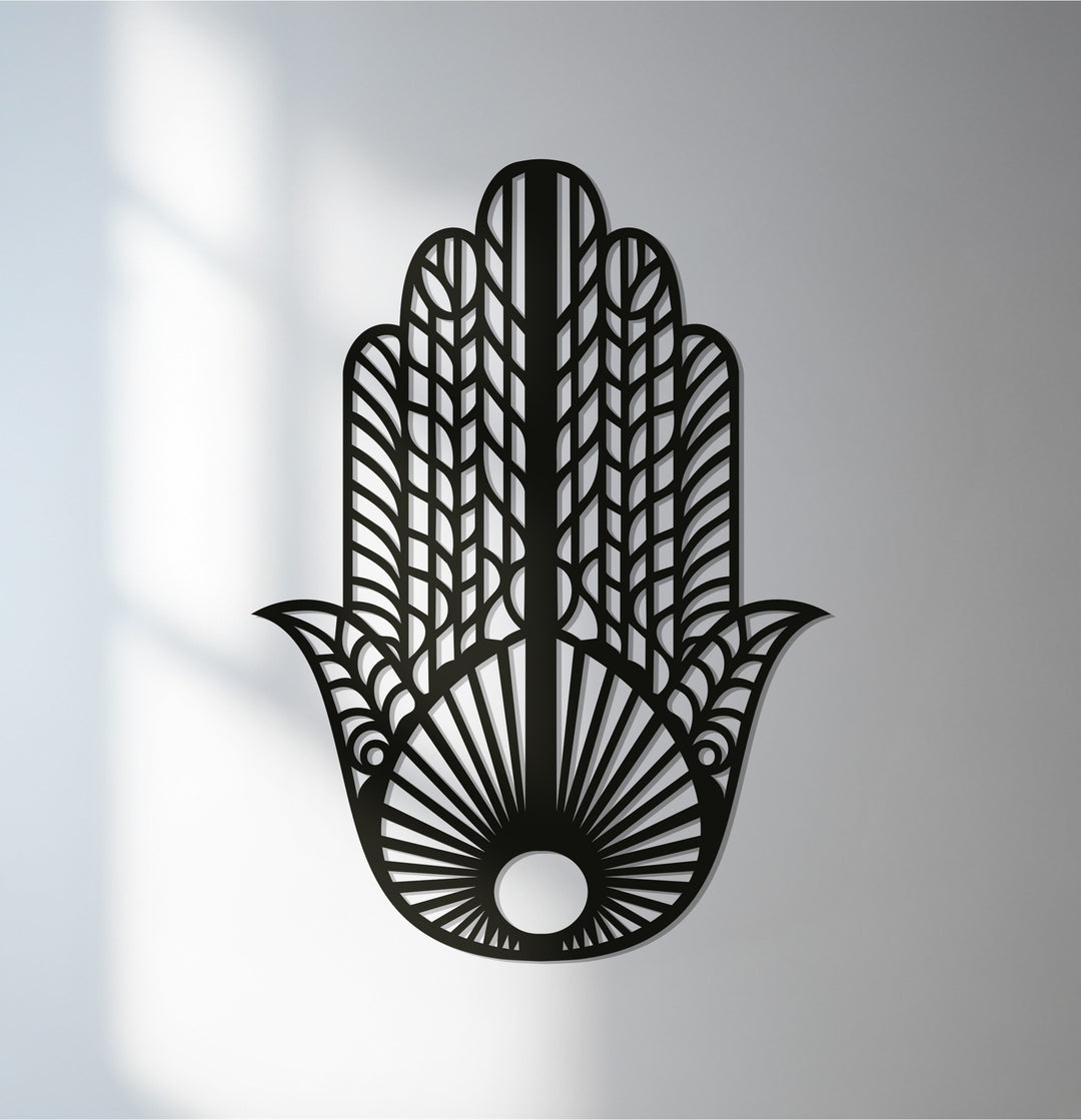 Black Hamsa hand metal wall art with intricate design
